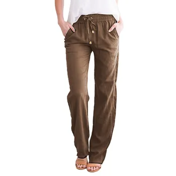 Женские хлопковые льняные брюки на шнурке с высокой талией свободные удобные брюки с карманами для повседневной жизни и выхода