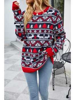 Женский праздничный рождественский свитер с длинным рукавом круглый вырез Северный олень Снежинка Принт Пуловер Трикотаж