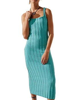  Женщины в рубчик Трикотажное платье миди без рукавов Однотонное облегающее длинное платье Летняя пляжная одежда
