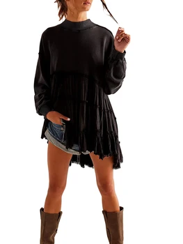 Женщины с длинным рукавом толстовка с круглым вырезом плиссированные свободные повседневные пуловерные топы