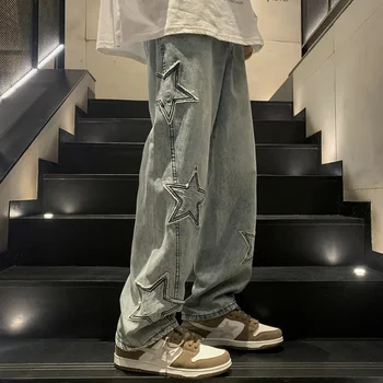 звездная вышивка прям повседневные мужские джинсы готические нейтральные новые широкие штанины свободные хип-хоп модные молодежные уличные джинсовые брюки Y2K