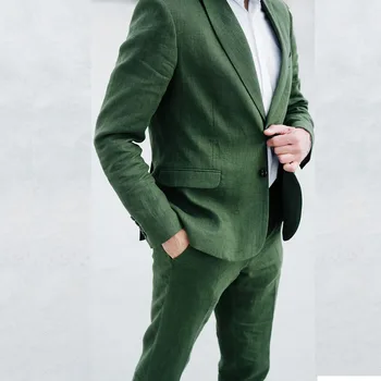 Зеленый Мужские костюмы Мода 2 шт. Куртка Брюки Мужская одежда Двойной вентиляционный Однобортный Зубчатый Лацкан Slim Fit Путешествия