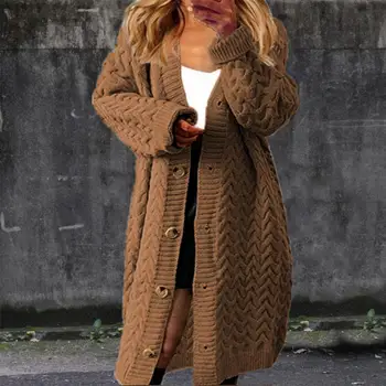 Зимний свитер пальто на пуговицах вниз Однобортный кардиган средней длины однотонный сплошной цвет сохраняет тепло свободный вязаный женский зимний пальто