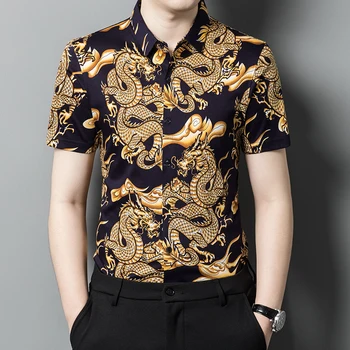 Золотой дракон Рубашки с 3D-печатью для мужчин Китайский стиль С короткими рукавами Летнее качество Мерсеризованный хлопок Повседневный шелковистый Camisa Masculina
