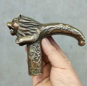 Китайская старая бронзовая ручная резка статуи льва античная трость трость голова