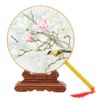 Китайский ручной веер, круглый шелковый веер в старинном придворном стиле с красивым рисунком, бамбуковая ручка для женщин, танец, свадьба