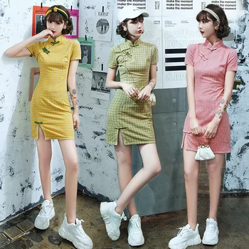 Китайский стиль Девушки Cheongsam Клетчатый узор Qipao Летние короткие платья