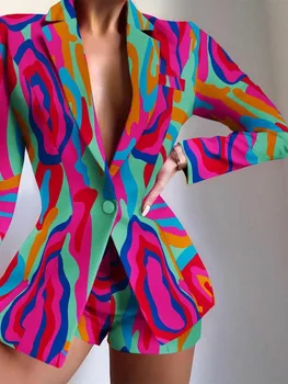  Комплект шорт с длинным рукавом Офис Леди Весна Осень Мода Элегантная блузка с принтом Брюки из двух частей для женщин Наряд 2023