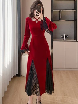 Красное бархатное лоскутное кружевное платье для женщин 2023 Корейская роскошная вечеринка Vestidos Осень-зима Элегантное фестивальное выпускное платье