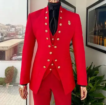 Красный костюм для мужчин Свадебный двубортный приталенный деловой костюм жениха Три предмета (куртка + брюки + жилет) Набор