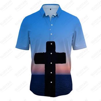 Летняя новая мужская рубашка христианский крест 3D-печатная мужская рубашка в религиозном стиле повседневная мужская рубашка модная модная мужская рубашка