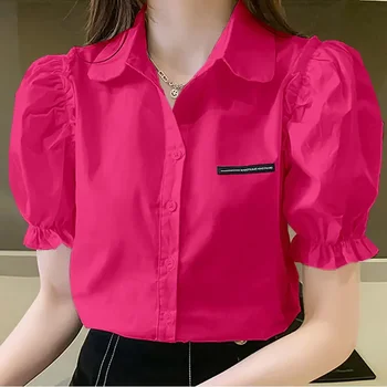 Летняя шифоновая рубашка Блузка с коротким рукавом на пуговицах Женские офисные топы Однотонный воротник-поло Белый Черные рубашки Blusas Mujer