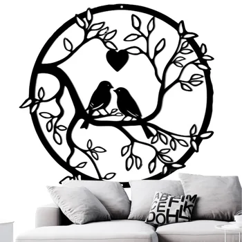 Металлическая стена Арт Птица Металлическая птица на ветке дерева Настенный декор Круглый металлический декоративный настенный арт многофункциональный черный