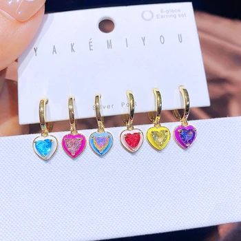  Многоцветные 6 шт. Aurora Crystal Heart Pendant Серьги-кольца Набор для женщин Позолоченные ювелирные изделия