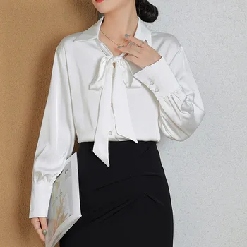Мода Блузка с галстуком-бабочкой Элегантная офисная женская рубашка Осенние топы с длинным рукавом V-образным вырезом Однотонная белая блузка Свободная одежда Blusas 28840