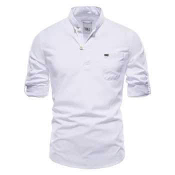  Модная 100% хлопковая льняная рубашка Мужской пуловер Однотонная высококачественная брендовая рубашка для мужчин Pop Spring с длинным рукавом Мужские рубашки