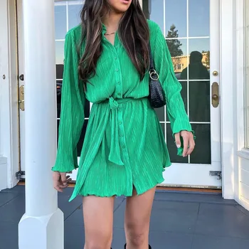 Модное женское весеннее платье-поло на шнуровке с длинным рукавом на шнуровке Женское повседневное однобортное зеленое плиссированное мини-платье
