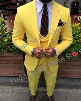 Модные роскошные желтые свадебные костюмы для мужчин Slim Fit Peak Lapel Жених Смокинги 3 шт. Наборы Повседневный мужской блейзер Костюм Homme