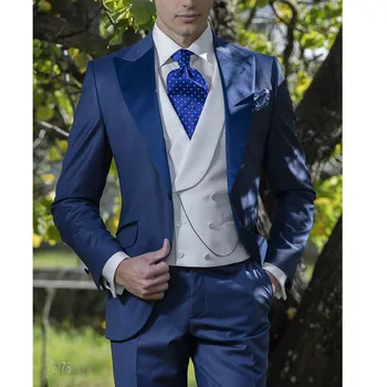 Модный блейзер Мужские костюмы Куртка Брюки Жилет Темно-синий остроконечный лацкан Однобортный приталенный свадебный костюм Homme Pour Mariage