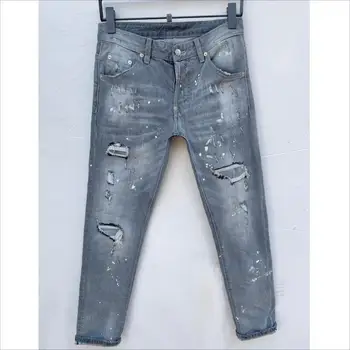 Мужская мода Тенденция Повседневная печать букв Распылительная краска Джинсовые брюки High Street Style Узкие джинсы dsq097