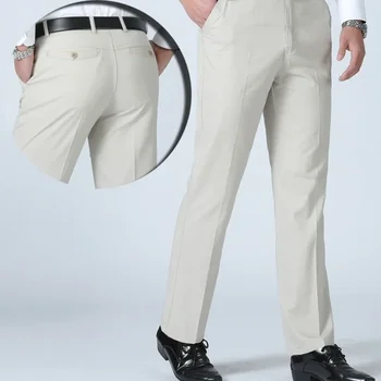  Мужские летние тонкие повседневные костюмные брюки Осенние толстые хлопковые классические деловые модные эластичные брюки Мужская брендовая одежда