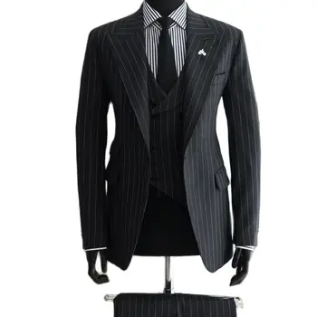 Мужские формальные костюмы Черные полоски 3 шт. Slim Fit Блейзер Комплекты для бизнеса Свадьба Жених Шафер Мужчина Полные Костюмы Большие и Высокие Наряды