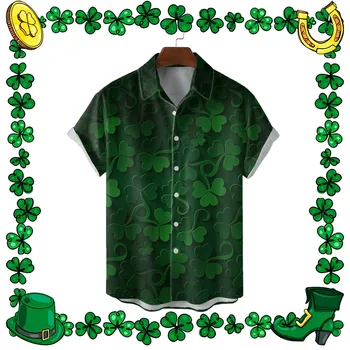 Мужской Clover Рубашка с рисунком Блузки ко Дню Святого Патрика Зеленые рубашки мужские С коротким рукавом Ирландский национальный день Топы camisas de hombre