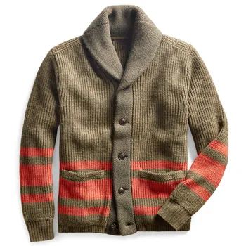 Мужской свитер-кардиган 2023 осень/зима Новый лацкан полосатый винтаж Однобортное шерстяное пальто большого размера