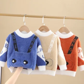 Новые осенне-зимние свитера для мальчиков Детская одежда Мультфильм Большой карман Мода Милый вязание Пуловер Топы