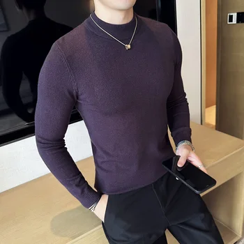  Новый осень-зима Корейский приталенный однотонный свитер Мужской эластичный вязаный пуловер Полувысокий вырез Однотонный плотный нижний свитер