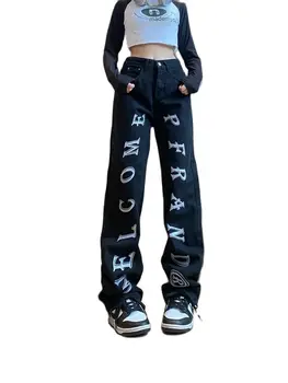  Осенние однотонные джинсовые брюки с вырезом для женщин Высокая талия Черный Y2K Пэчворк Ремень Уличная Повседневная Свободные Прямые Брюки Женские