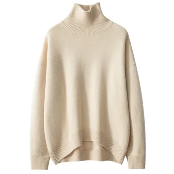Осень-зима Новый кашемировый свитер с высоким воротником Женский 100% чистый кашемир толстый трикотажный пуловер свитер женский свободный томный бриз