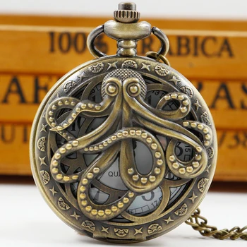  Персонализированные полые карманные часы Octopus Flip Винтажные унисекс Модные мужские женские кварцевые часы Ожерелье Металлические часы