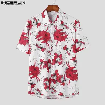  Повседневная мода Стиль Топы INCERUN Новые мужские рубашки с короткими рукавами с растительным принтом Повседневная блузка для отпуска S-3XL 2023