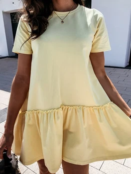 Повседневное женское летнее желтое платье 2023 Basic O Neck Ruffles Mini Платья День рождения Элегантное короткое платье А-силуэта Vestidos De Mujer