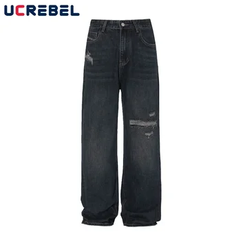 рваные стиранные потертые джинсовые брюки мужские уличные свободные джинсы с широкими штанинами мужские брюки