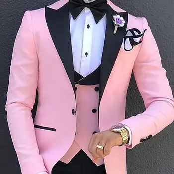 Розовые мужские костюмы 3 шт. Slim Fit Casual Business Groomsmen Зеленый смокинги с лацканом шампанского для официальной свадьбы (блейзер + брюки + жилет)