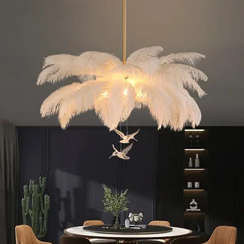 Роскошная светодиодная люстра из перьев страуса Белый потолочный светильник для гостиной Украшение дома Подвесной светильник