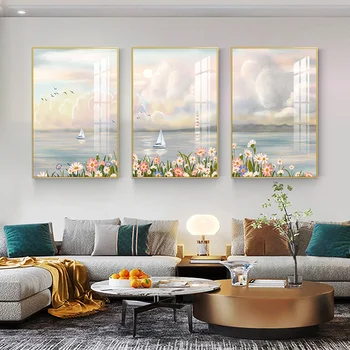  роспись украшения комнаты, минималистичная современная фоновая стена дивана, вид на море, маленькая и свежая стена, фреска-триптих,