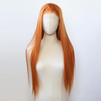  Рыжий оранжевый парик Синтетический кружевной передний парик Длинный прямой оранжевый кружевной передний синтетический парик Предварительно выщипанный термостойкий волокнистый волос