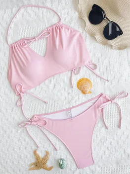 сексуальные комплекты бикини в рубчик в рубчик розовый купальник Купальники бикини Biquini conjunto de bikini Женские пляжные наряды bakini