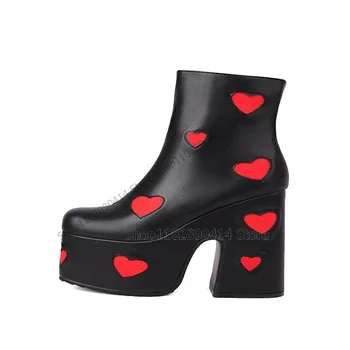 Смешанный цвет Ботинки на платформе с рисунком сердца Женская обувь до середины икры Коренастые высокие каблуки с круглым носком Новая мода 2023 Zapatos Para Mujere