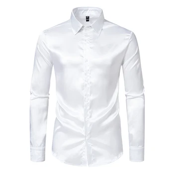 Стильная мужская рубашка из атласного шелка Slim Fit с длинным рукавом Идеально подходит для вечеринок и специальных мероприятий (106 символов)