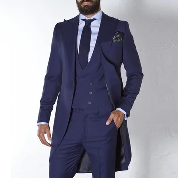 Темно-синий фрак Мужские костюмы для свадьбы Смокинги на заказ Длинный мужской модный блейзер 3 шт. Костюм жениха 2022