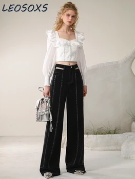 темпераментный дизайн ниши свободные джинсы оверсайз женские 2024 весна новый полый швабра с высокой талией широкие штанины брюки хай-стрит
