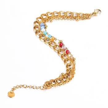 Трехслойный браслет из нержавеющей стали Красочная цепочка из бисера Кубинский браслет Позолоченные женские модные украшения для тела