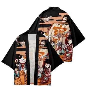 Черный Японский Аниме Принт Кимоно Рубашки Традиционная уличная одежда Кардиган Халат Женщины Мужчины Хаори Топ Юката