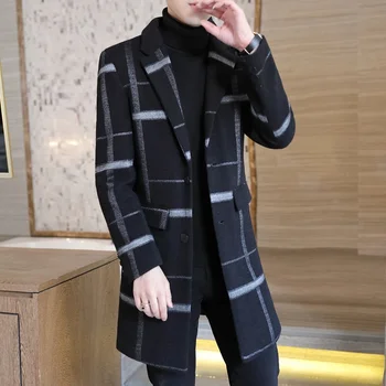 шерстяное пальто Корейская версия моды Мужская средняя длина 2023осень и зима Новое облегающее пальто Молодежный деловой повседневный тренч