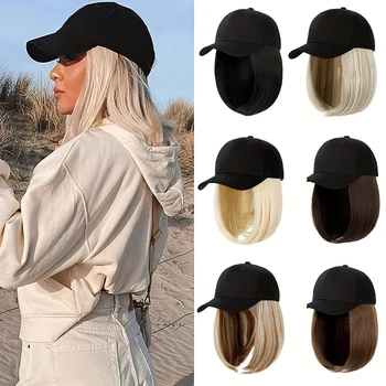 Шляпные парики 12-дюймовые синтетические парики с коротким бобом и прямыми волосами с бейсболкой для женщин для ежедневного ношения