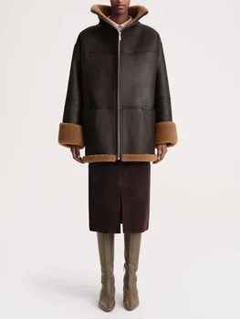 Шоколадный цвет Модное универсальное пальто 2023 зима утолщенное теплое новое свободное силуэтное мех один стиль женская куртка